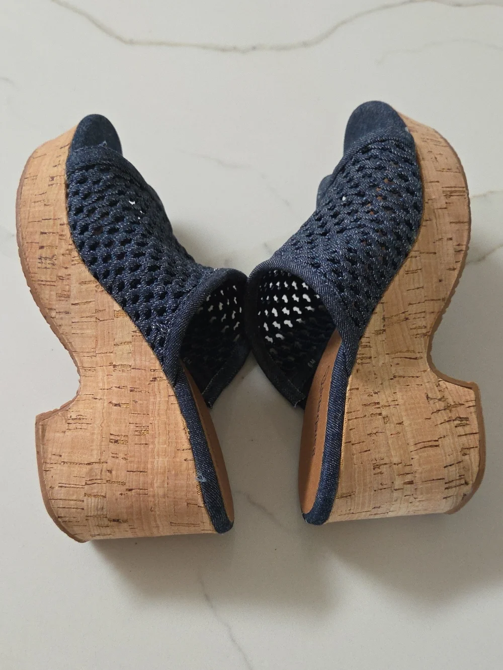 Baretraps Bethie Wedge, Denim Navy Woven Open-Toe Cork Wedge Mules
